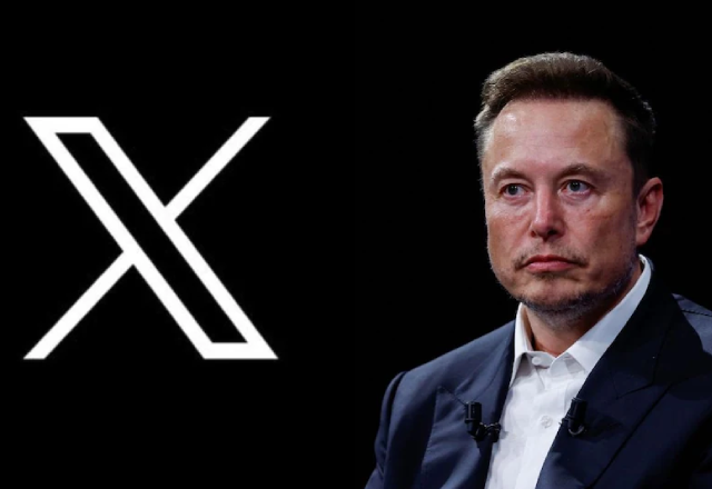 Foto de Elon Musk ao lado do novo logo do Twitter