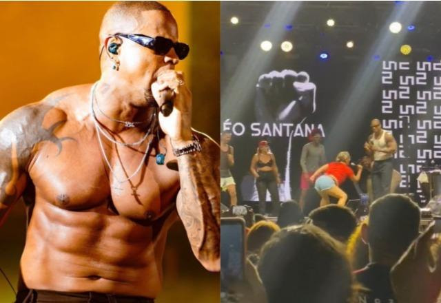 Léo Santana sem camisa à esquerda; Léo Santana e fã em cima do palco à direita