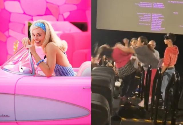 Imagem de divulgação do filme da Barbie à esquerda; Print de vídeo de confusão no cinema à direita