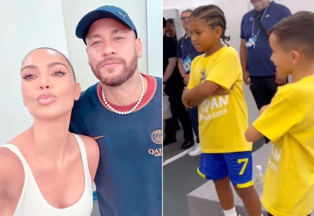 Neymar e Kim Kardashian à esquerda; Filho de Kim Kardashian dançando à direita