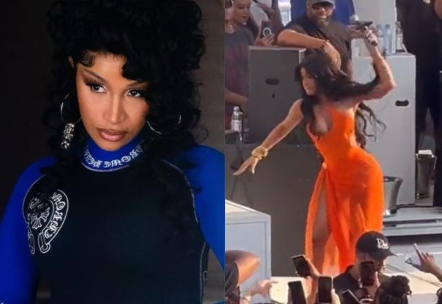 Cardi B posa em frente ao espelho à esquerda; Cardi B arremessa microfone em fã à direita