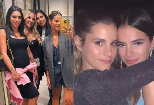 Shantal posa com Bruna Biancardi e amigas à esquerda; Shantal e Bruna Marquezine abraçadas à direita