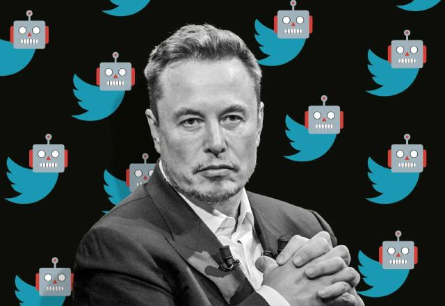 Montagem com foto de Elon Musk e o antigo logo do Twitter