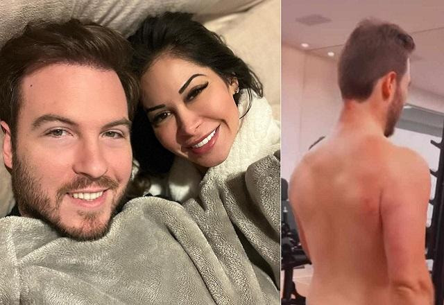 Maíra Cardi e Thiago Nigro tiram selfie deitados no sofá e sorrindo à esquerda; Thiago Nigro malhando à direita