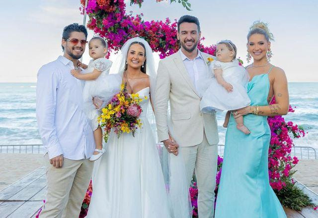 Virginia, Zé Felipe e filhas posam no casamento da prima da influenciadora