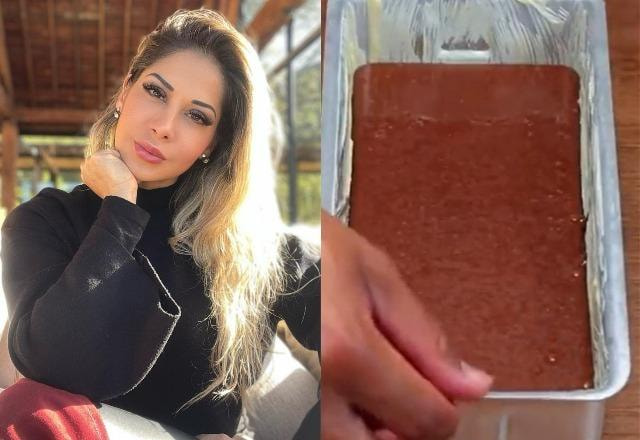 Maíra Cardi à esquerda; Bolo de chocolate à direita