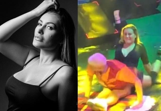 Andressa Urach posa fazendo carão com a mão na cabeça em foto em preto e branco à esquerda; Andressa Urach durante show da MC Pipokinha à direita