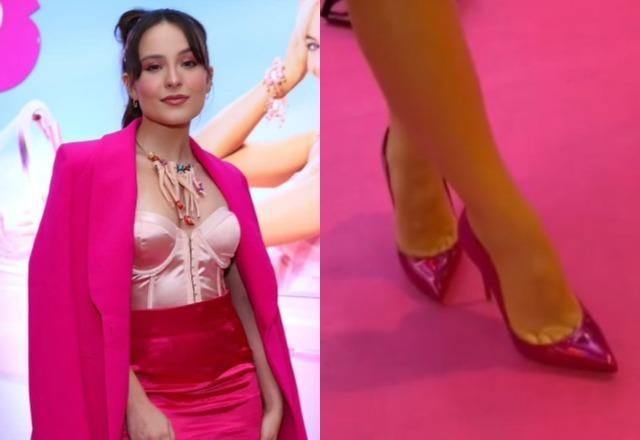 Larissa Manoela na estreia do filme Barbie à esquerda; Scarpin usado por Larissa Manoela em tapete vermelho