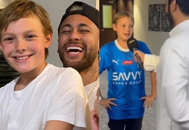 Davi Lucca e Neymar posam sorrindo à esquerda; Davi Lucca dá entrevista em inglês à direita