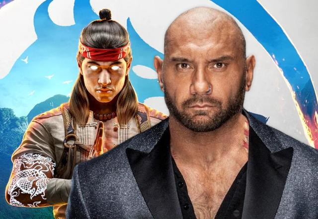 Montagem com foto de Dave Bautista ao lado de Liu Kang em Mortal Kombat 1