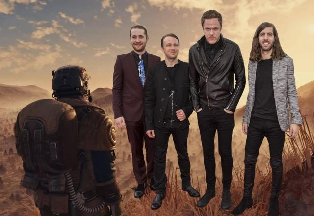 Montagem com os membros da banda Imagine Dragons em um campo no universo de Starfield