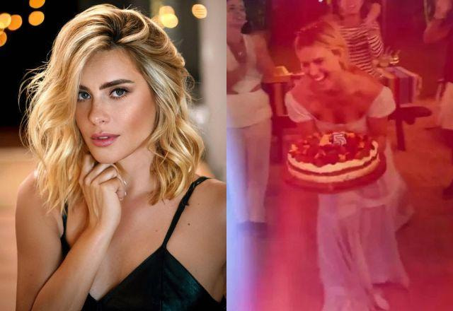 Na montagem aparece só Carolina Dieckmann do lado esquerdo, toda produzida, e do lado direito ela aparece com o bolo de aniversário na mão