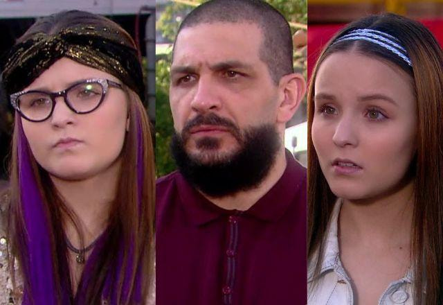 Na montagem aparece Isabela no lado esquerdo, Sandro no meio, e Manuela do lado direito, todos com expressão de assustados