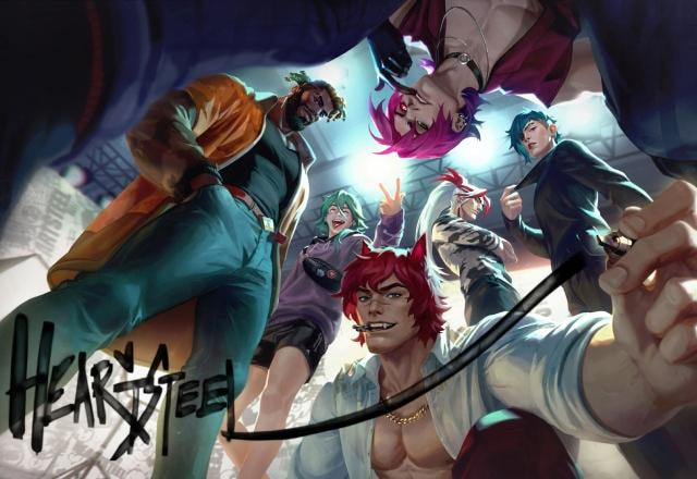 Imagem promocional de HEARTSTEEL, boyband de K-Pop de League of Legends