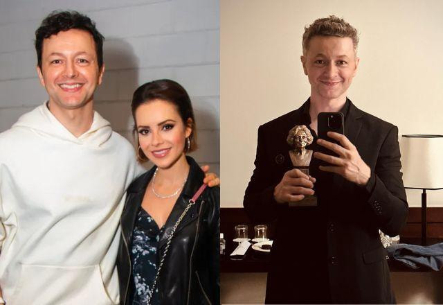 Na montagem aparece uma foto de Sandy e Lucas Lima na esquerda, e outra foto de Lucas Lima com um prêmio na mão na direita
