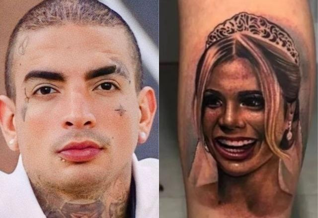 MC Guimê à esquerda; Tatuagem de MC Guimê na perna à direita