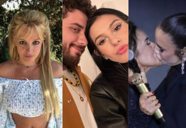 Britney Spears à esquerda; Ana Castela e Gustavo Mioto no meio; Daniela Mercury e Ivete Sangalo à direita