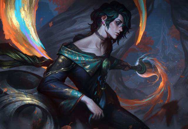 Splash art do campeão Hwei, o Visionário, no League of Legends