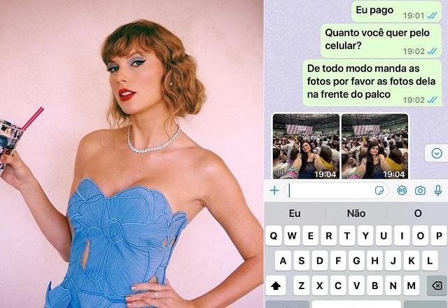 Foto de Taylor Swift e print de conversa com assaltante