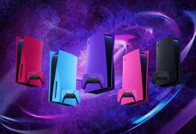 Imagem promocional das capas coloridas do PlayStation 5