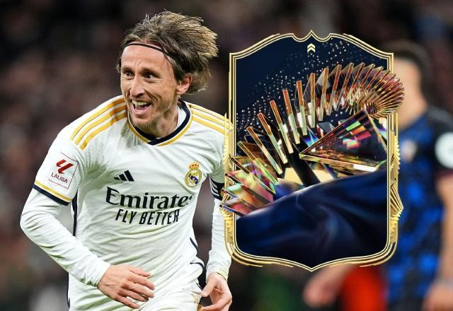 Imagem promocional de Modric e o modelo das cartas TOTS de EA SPORTS FC 24