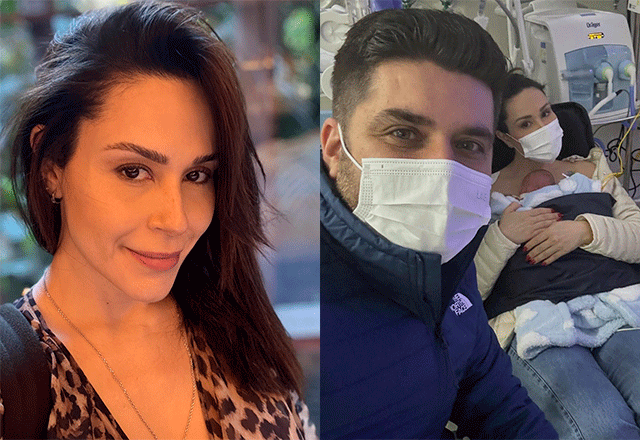 montagem com foto de nadja e foto de nadja no hospital com o marido e o filho