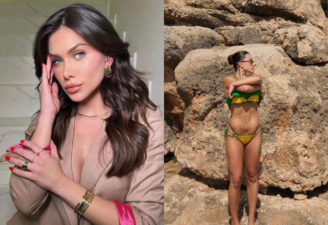 Flavia Pavanelli impressiona com barriga desenhada em fotos de biquíni