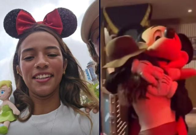 Montagem com fotos de Rayssa Leal abraçando o mickey mouse e outra com uma tiara com orelhas da Minnie Mouse