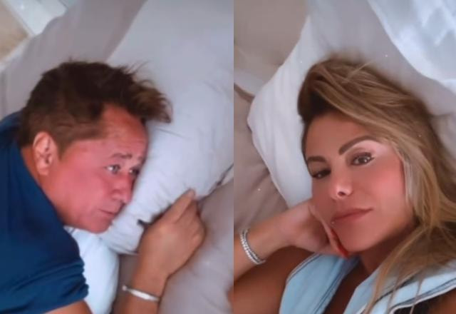 Montagem de duas fotos, uma de Leonardo e outra com Poliana Rocha, ambos deitados na cama
