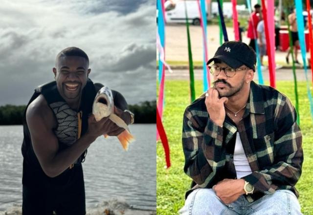 Montagem com duas fotos, uma sendo Ricardo Alface sentado, com óculos e boné, com a mão no queixo, e a outra a de Davi Brito, com um colete e segurando um peixe