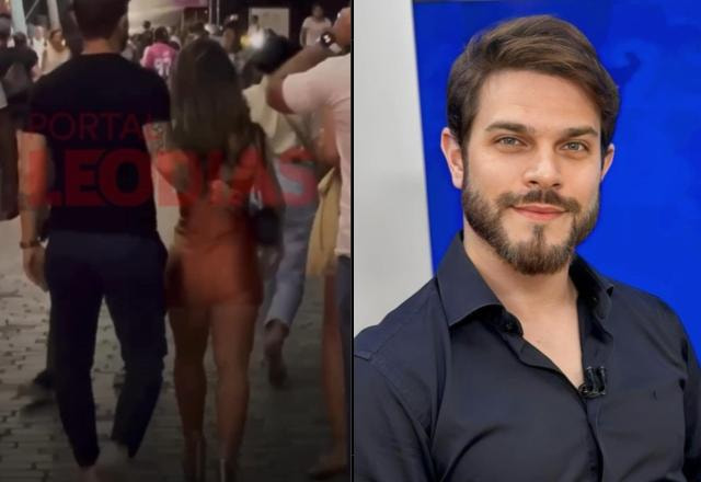 Montagem com uma foto onde estão andando de costas e mão dadas Felipe Becari e Stefânia Brito, e outra foto com Felipe Becari de camisa preta