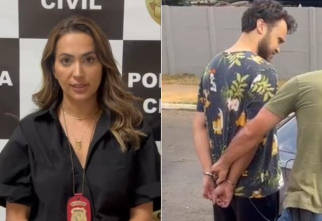 Montagem com fotos da Delegada Aline Lopes e do influenciador Igor Viana sendo preso