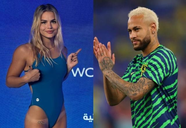 Montagem com duas fotos, uma mostrando Luana Alonso de maiô azul e a outra com Neymar com uniforme de time de futebol, aplaudindo