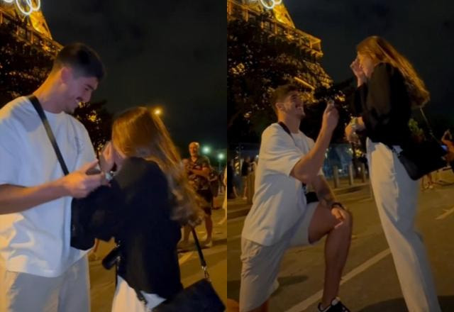 Montagem com duas fotos, ambas com o jogador de vôlei Henrique Honorato pedindo a ginasta Alice Gomes em casamento
