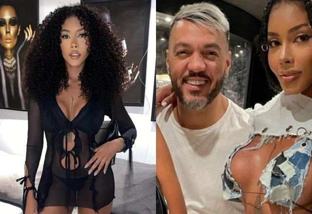 Montagem com duas fotos, uma sendo do cantor Belo abraçado com sua ex-cunhada Giovanna Jacobina, e outra foto ao lado de Giovanna Jacobina, vestida com um vestido preto, de cabelo solto e encaracolado