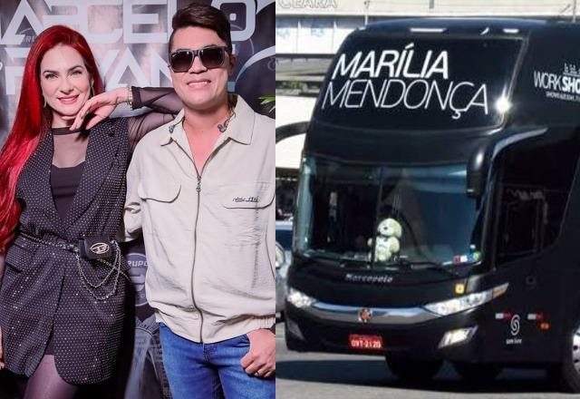 Montagem com fotos da dupla Marcelo e Rayane, com Rayane de cabelos vermelhos e vestido preto, e Marcelo vestido com óculos escuros, e ao lado foto do ônibus de turnê de Marília Mendonça