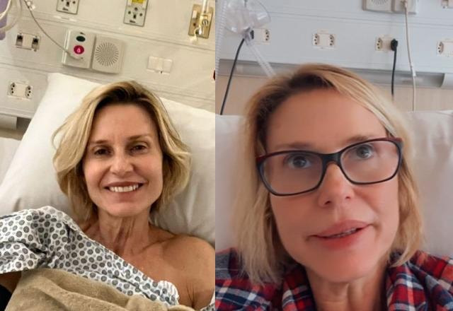 Montagem com duas fotos de Paula Burlamaqui, uma em uma cama hospitalar, sorrindo e outra com um casado vermelhor, de óculos e bem próxima a câmera