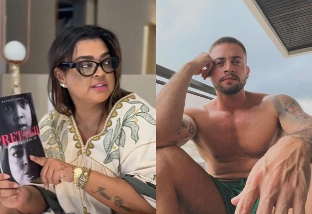 Montagem com fotos de Preta Gil segurando seu livro, de óculos sentada na cama, e Rodrigo Godoy sentado, sem camisa, apenas de shorts