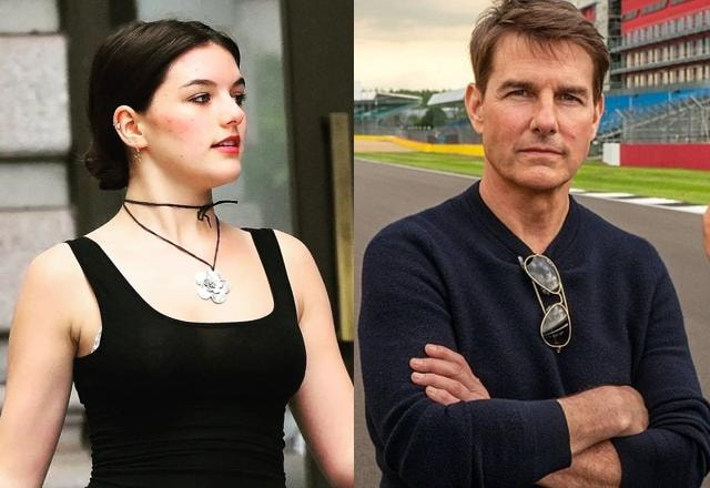 Montagem com fotos de Tom Cruise de braços cruzados e óculos pendurado na roupa e Suri Noelle vestida de preto com um colar no prescoço