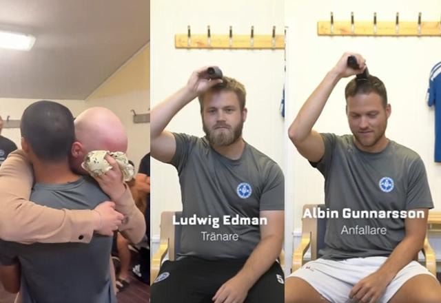 Montagem com fotos dos jogadores do time AIK FK raspando a cabeça em apoio ao jogador Markus Heman, com Markus Heman abraçando um dos jogadores