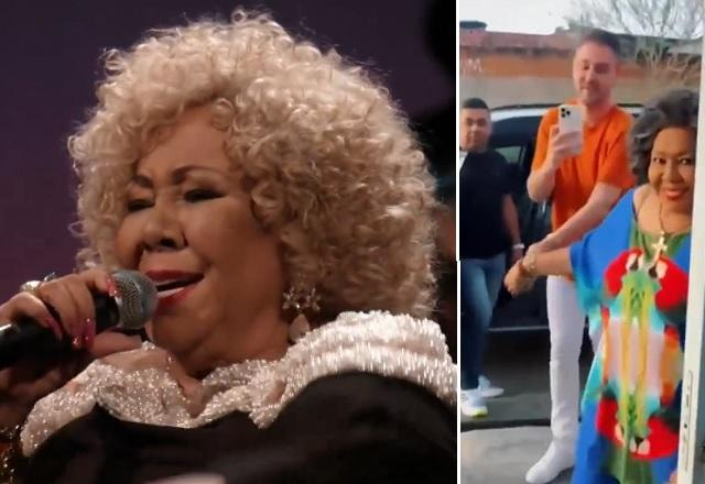 Alcione e trecho do vídeo que mostra ela chegando na casa dele