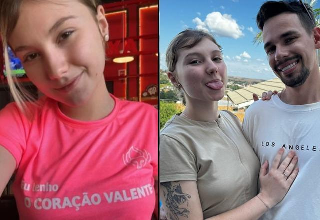 Montagem com foto de Isabel Veloso ao lado de seu esposo e outra foto de Isabel com os dizeres Eu tenho o coração valente na camiseta