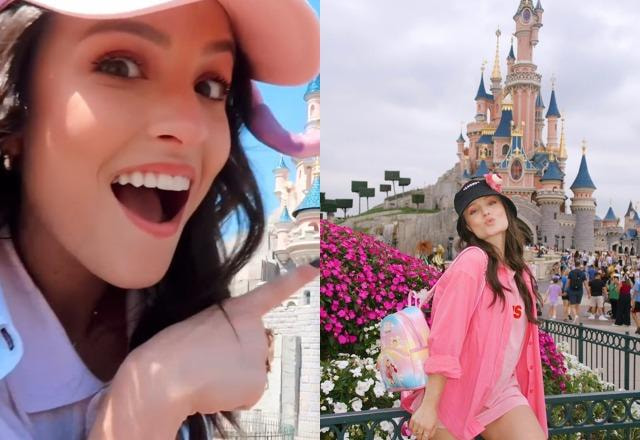 Montagem com fotos de Larissa Manoela na Disney Paris, em frente ao castelo da Disney