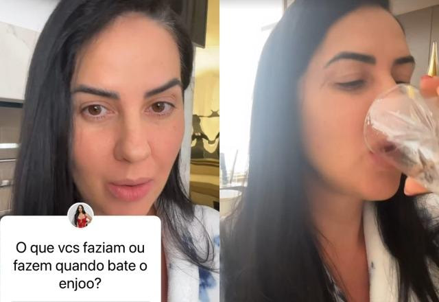 Montagem de foto de Graciele Lacerda, com ela olhando para frente e uma legenda questionando sobre o que faziam durante enjoo na gravidez e uma foto em foco com Graciele Lacerda bebendo agua