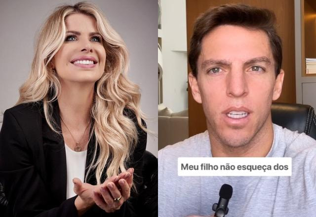 Montagem com foto de Karina Bacchi vestida de preto, olhando para cima com as mãos no colo e Amaury Nunes segurando um pequeno microfone