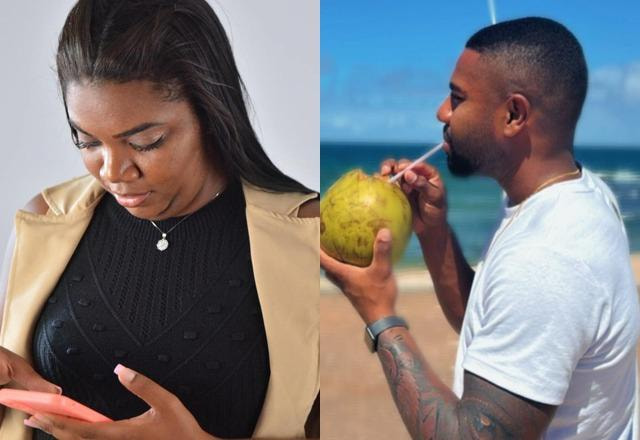 Montagem com foto de Raquel Brito olhando para o celular e ao lado Davi Brito na praia bebendo água de coco