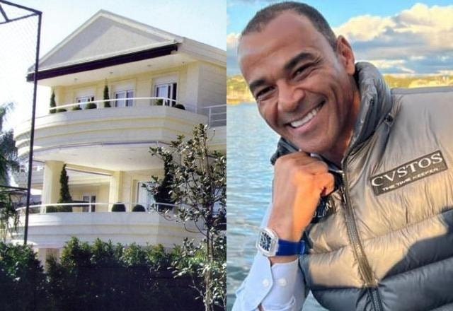 Montagem com Fotos da mansão de Cafu e outra foto de Cafu em alto mar, com colete salva vidas e sorrindo