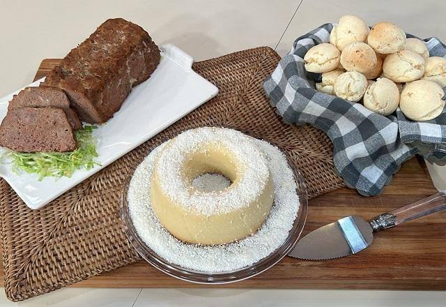 Bolo de carne, pão de queijo e pudim de beijinho