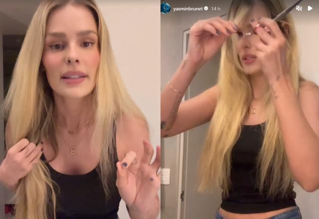 Montagem com Imagens Yasmim Brunet vestida de preto de cortando o próprio cabelo em frente ao espelho