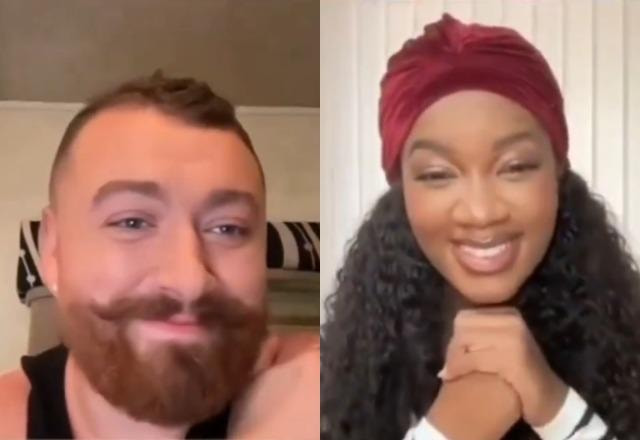 Montagem com imagens de Iza e Sam Smith em video conferência